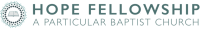 A green circular logo of dots and an open book in the middle. The words Hope Fellowship A Particular Baptist Church