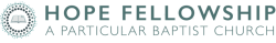 A green circular logo of dots and an open book in the middle. The words Hope Fellowship A Particular Baptist Church